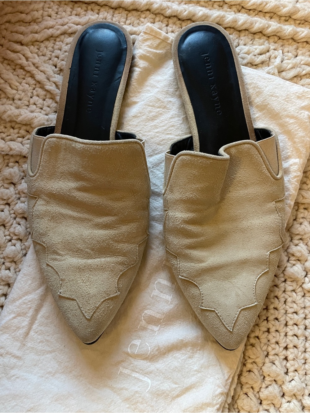 JENNI KAYNE Tan Suede Pointed Toe Slip-On Mules